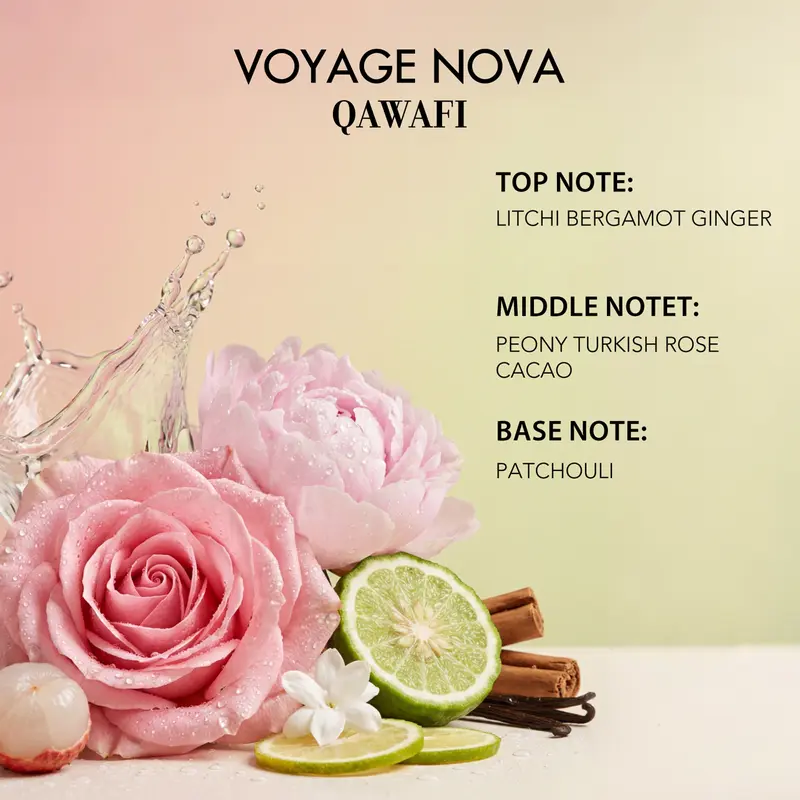 Voyage Nova fragrance notes lychee bergamot ginger rose peony cacao patchouli