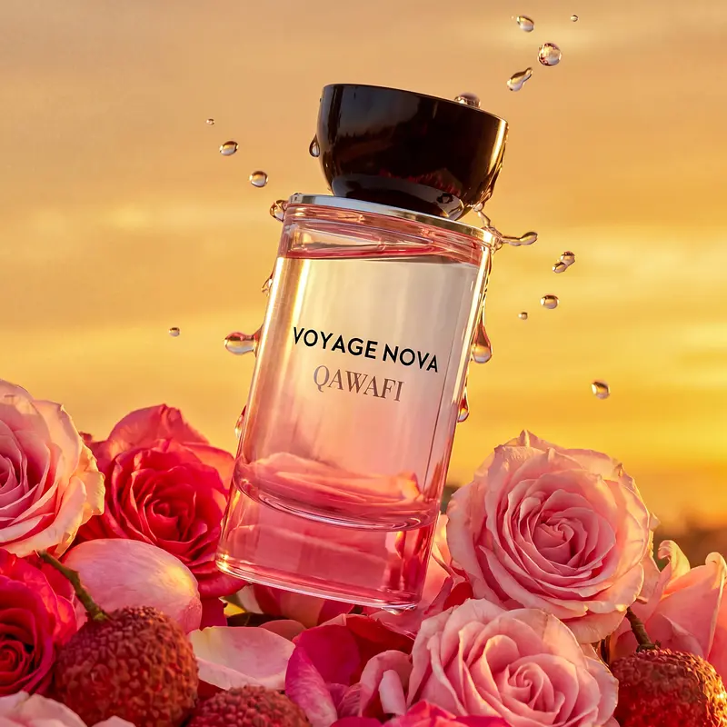 Voyage Nova perfume bottle with roses and lychee